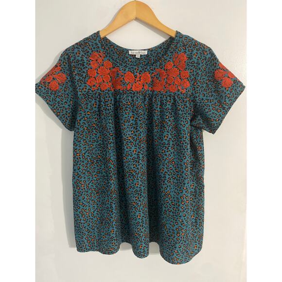 See and Be Seen top women’s size S teal orange animal print embroidered boho - Picture 1 of 5
